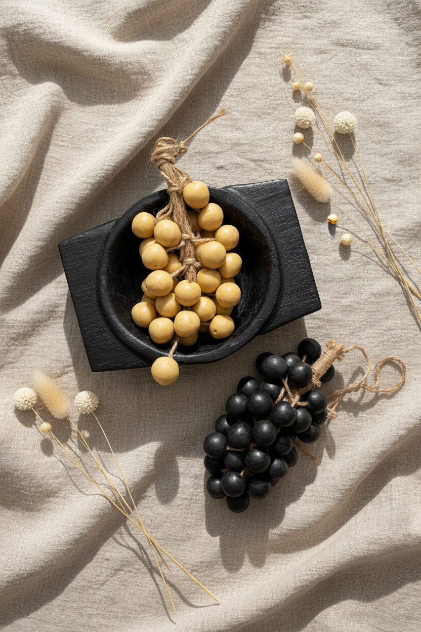 Savons décoratifs DIOIB en forme de grappe de raisin en bois beige et noir, bol en bois noir, fleurs séchées, fond lin naturel
