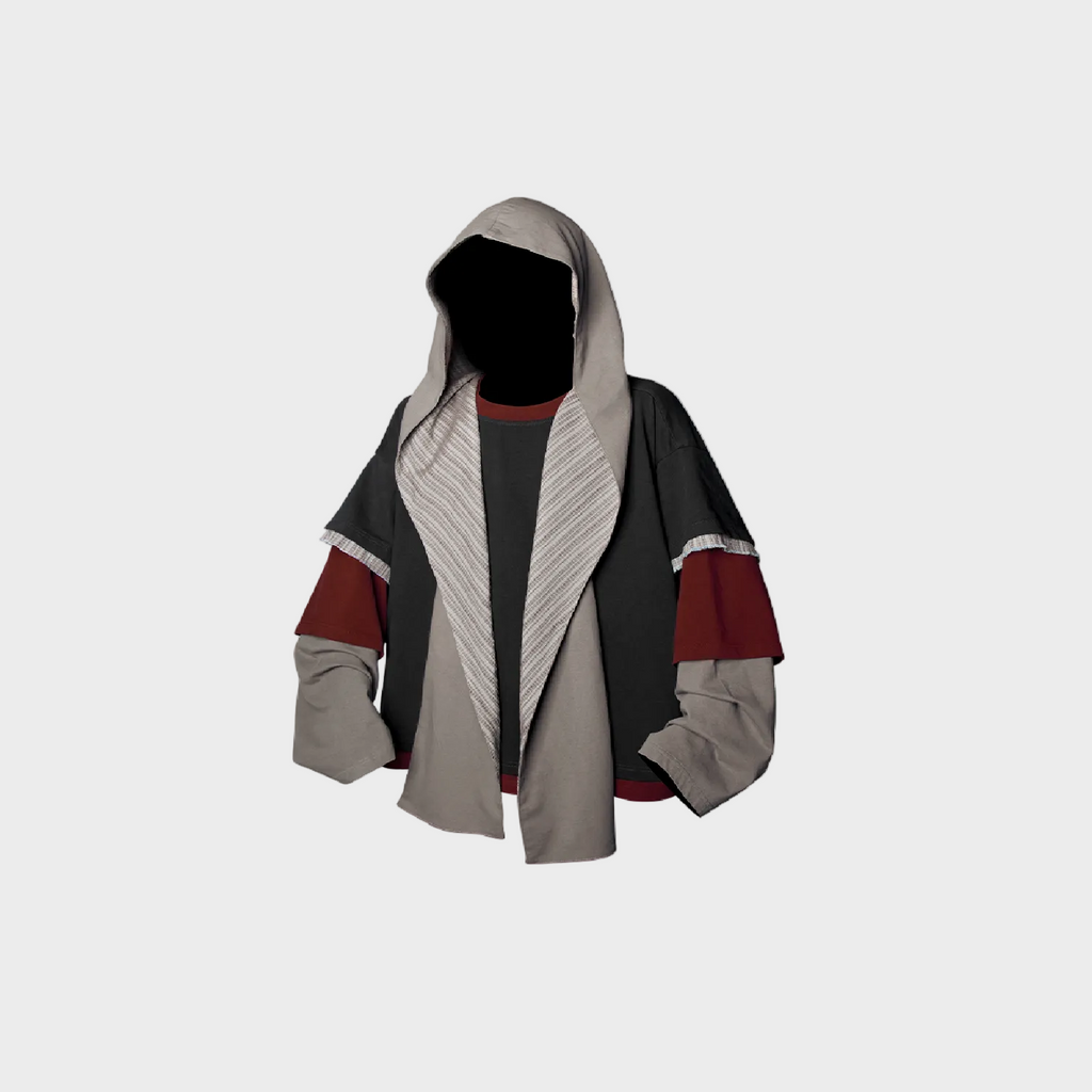 Veste oversize patchwork gris noir bordeaux à capuche effet superposé