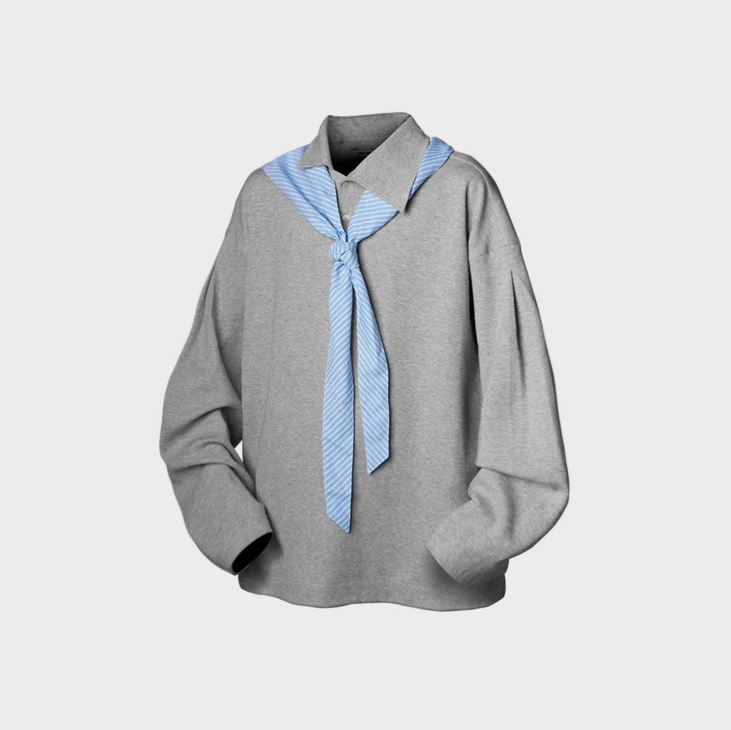 Pull Oversize Gris à Col Foulard Rayé – Effet Faux Layering