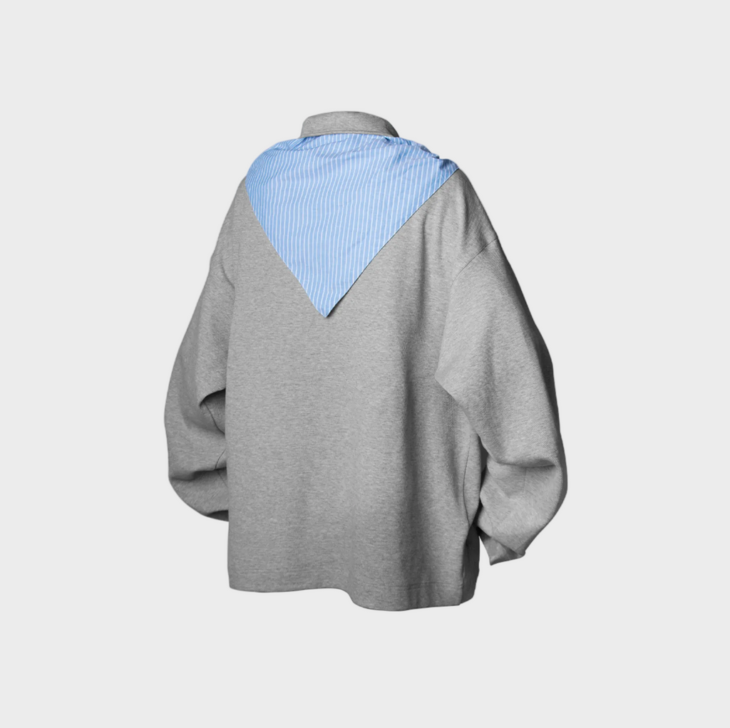 Pull Oversize Gris à Col Foulard Rayé – Effet Faux Layering