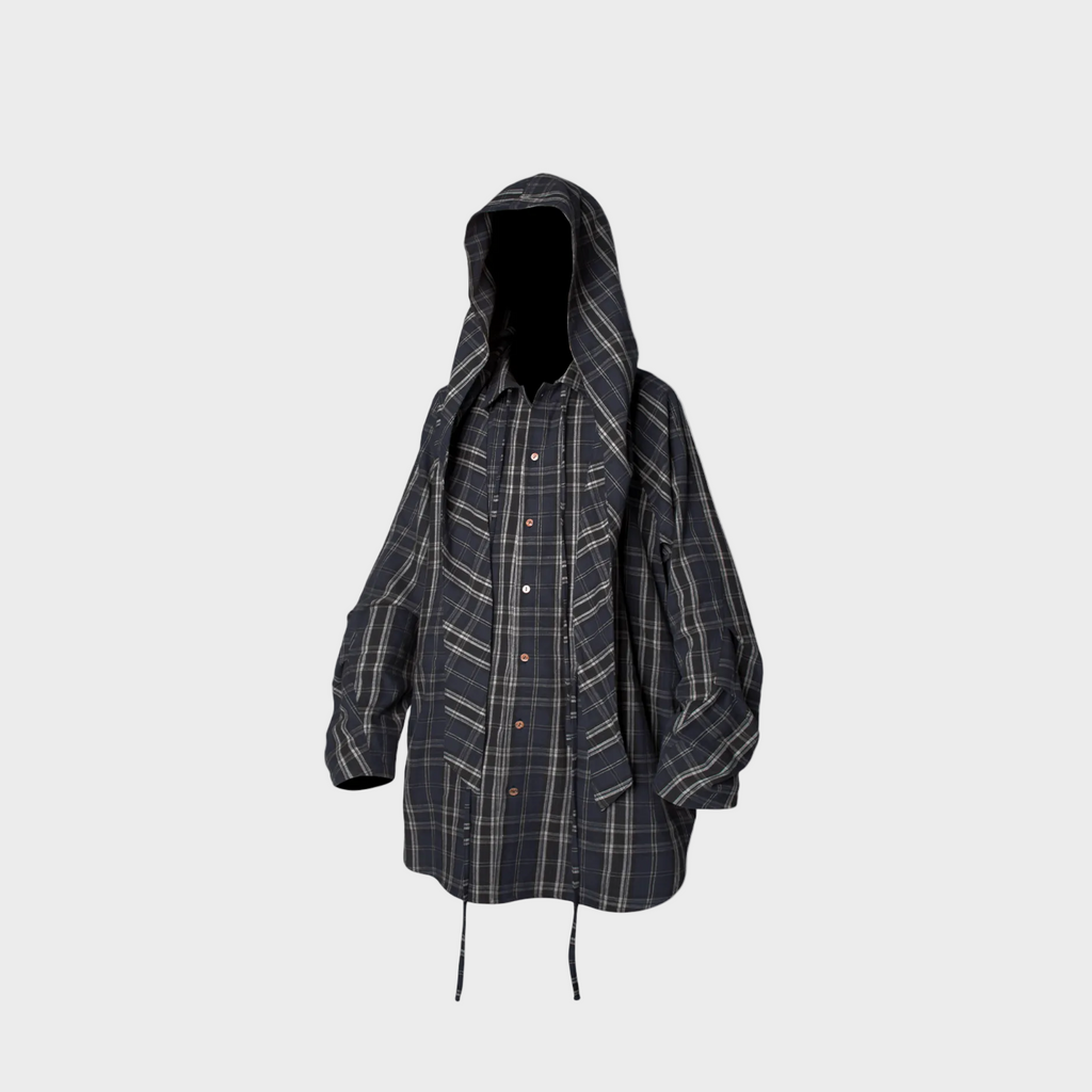 Chemise Oversize à Capuche Unisexe à Carreaux Noir