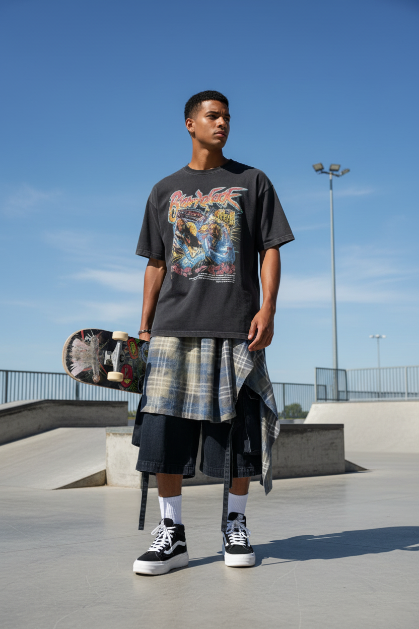 Short Cargo Layering Chemise Carreaux Relabel noir et carreaux beige en coton, vue en situation portée par un homme dans un skatepark