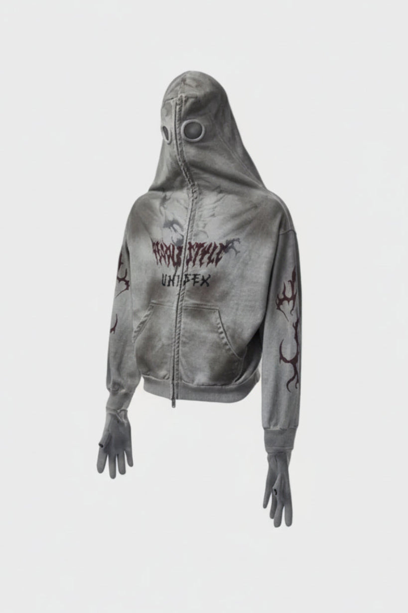 Sweat à capuche zippé tie-dye gris vue de face