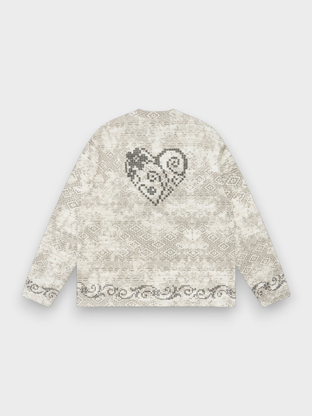 Sweat eeee Artmonster beige en jacquard all-over motif géométrique ethnique, grand cœur pixel floral au dos et bordure baroque, vue de dos sur fond gris
