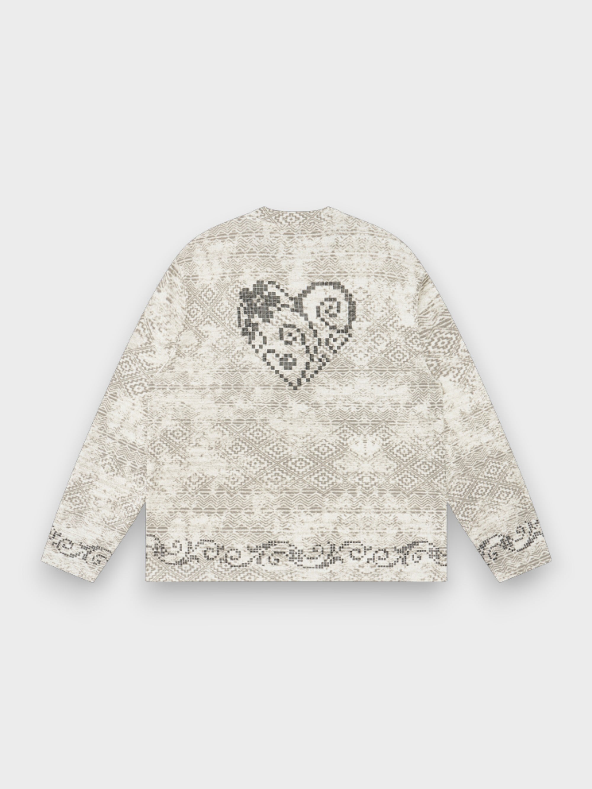 Sweat eeee Artmonster beige en jacquard all-over motif géométrique ethnique, grand cœur pixel floral au dos et bordure baroque, vue de dos sur fond gris
