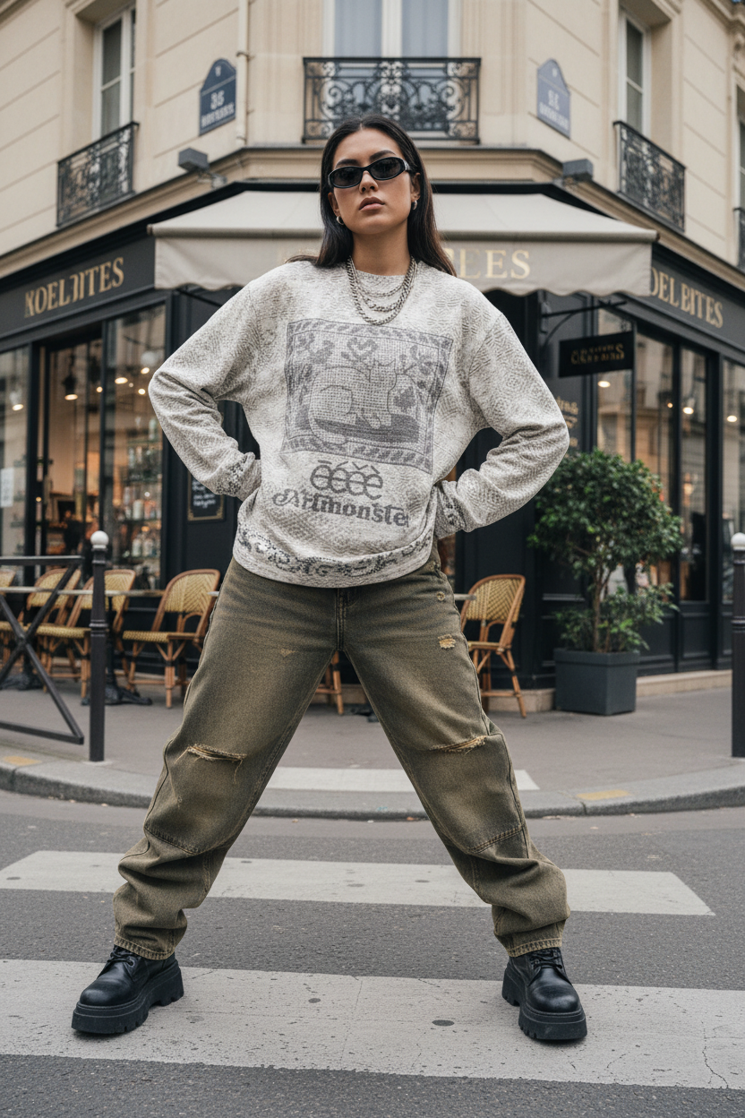 Sweat eeee Artmonster beige en jacquard all-over avec print graphique central et logo, porté par une femme avec jean kaki large déchiré et boots noires plateformes, devant un café parisien

