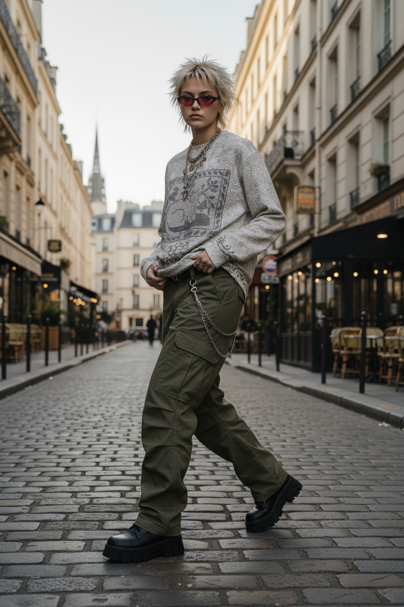 Sweat eeee Artmonster beige en jacquard all-over avec print graphique central et logo, porté par une femme avec jean kaki large déchiré et boots noires plateformes, 
