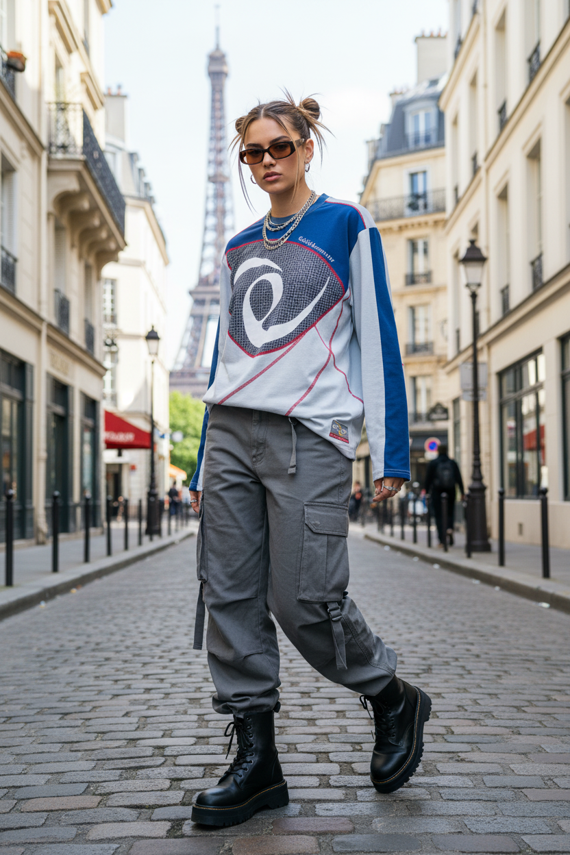 Sweat eeee Artmonster blanc et bleu avec print spirale graphique, porté par une femme avec pantalon cargo gris large et boots noires, rue pavée avec Tour Eiffel en arrière-plan
