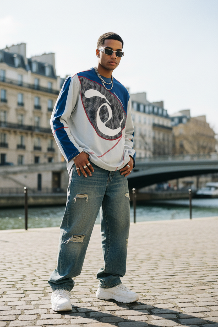 Sweat eeee Artmonster blanc et bleu avec print spirale graphique, porté par un homme avec jean large déchiré et sneakers blanches, bords de Seine à Paris
