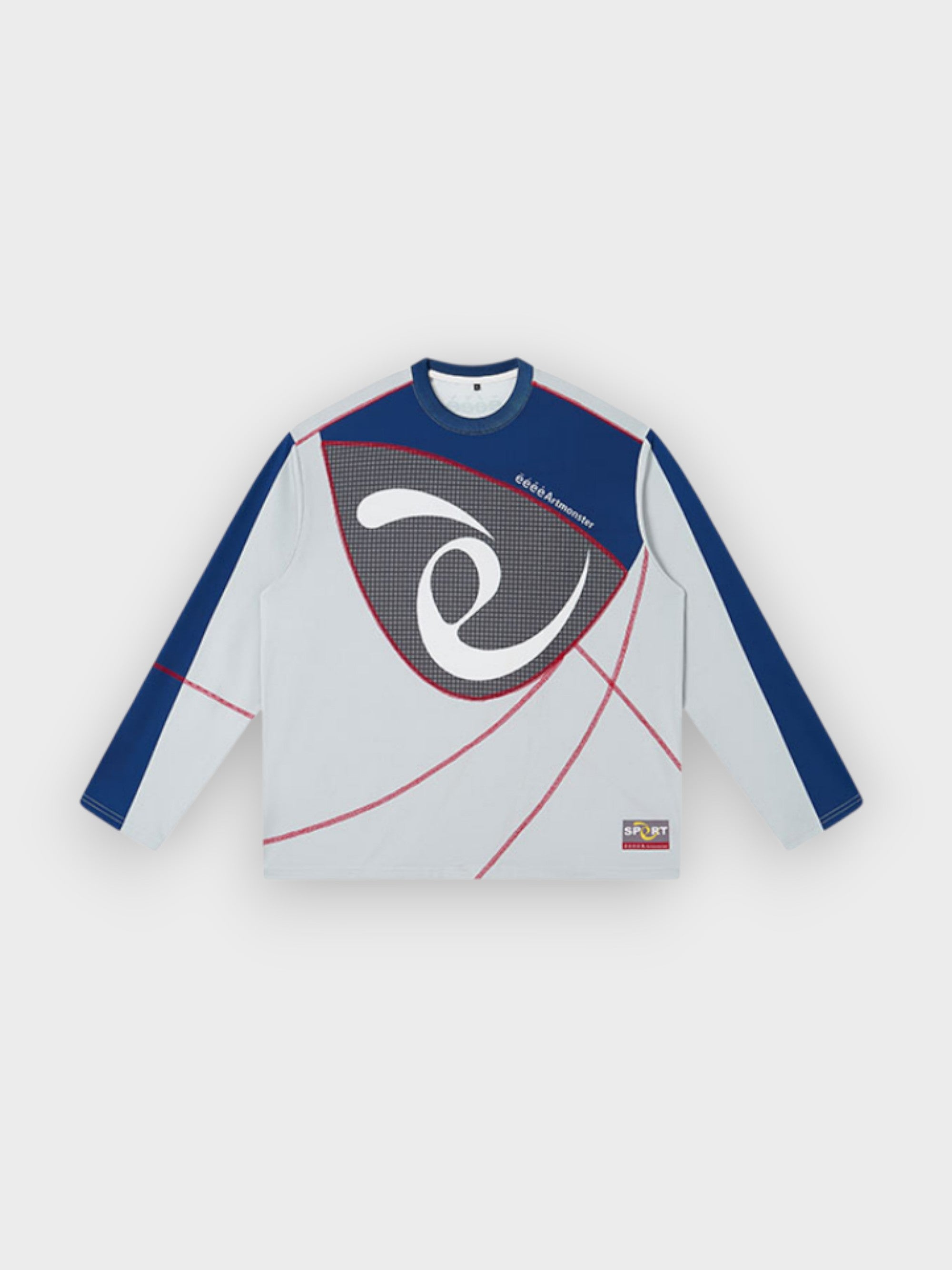 Sweat eeee Artmonster blanc et bleu marine avec print spirale sur empiècement tweed gris, lignes rouges et patch Sport, photo produit de face sur fond gris
