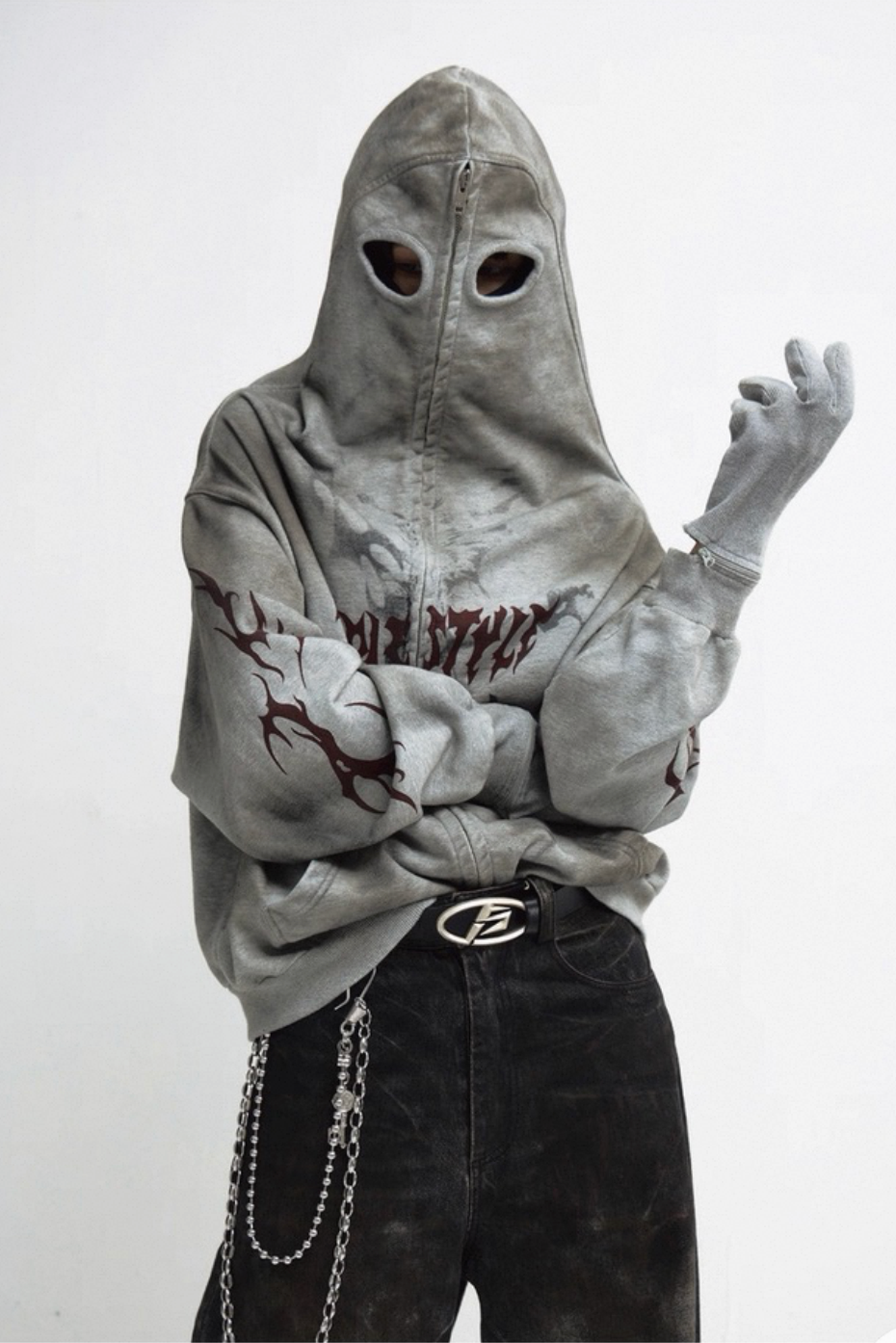 Sweat tie-dye gris détail manches et capuche