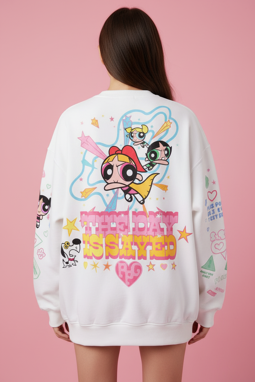 Sweatshirt Graphique Powerpuff Girls BJHG blanc en coton, vue de dos porté