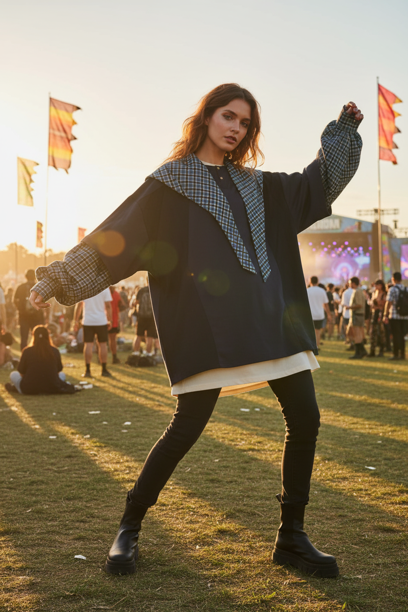 Sweatshirt RELABEL noir oversize avec col et manches à carreaux, porté par une femme, photo festival en plein air au coucher du soleil
