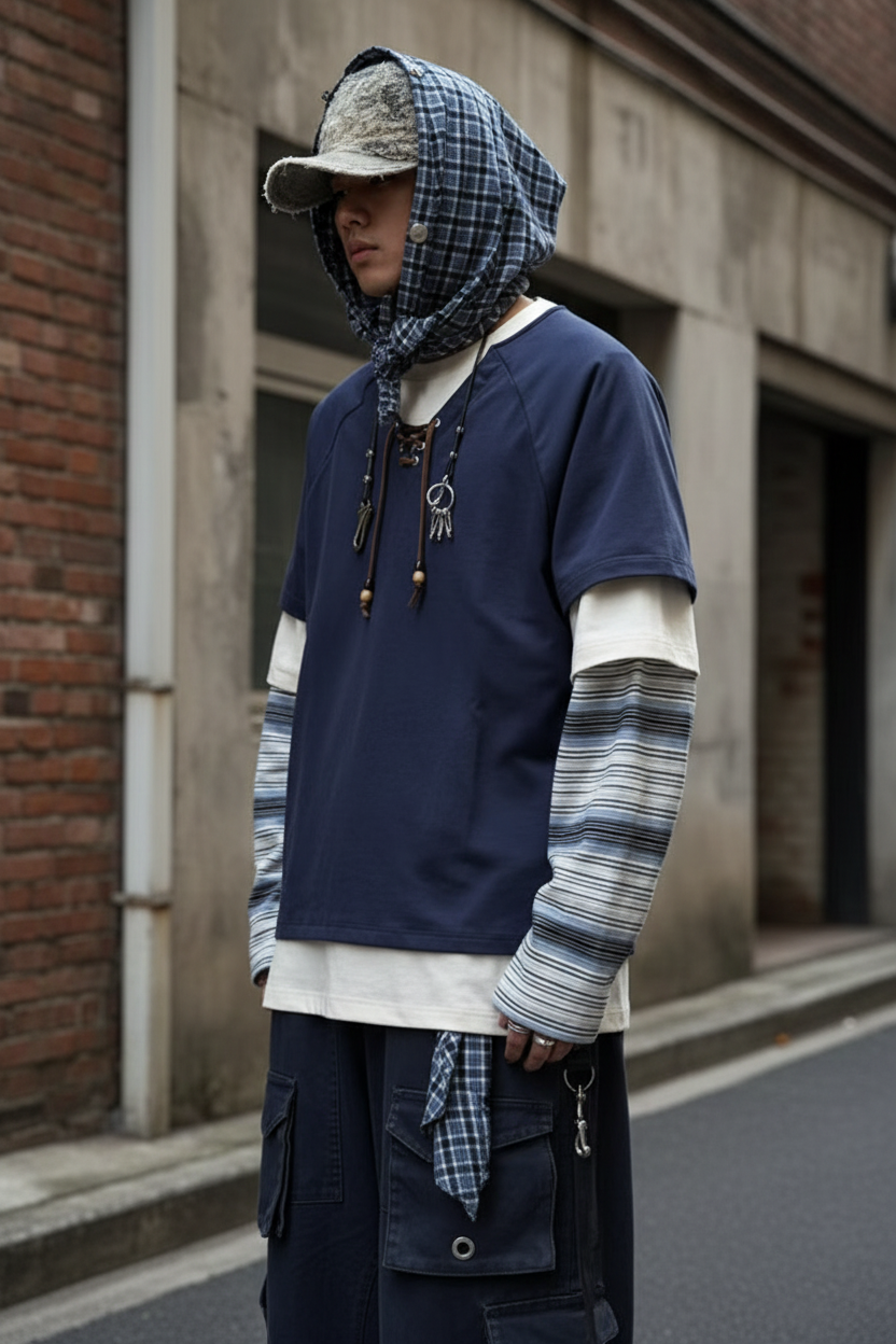 T-shirt RELABAL bleu marine à lacets style superposé, porté par un homme, vue de profil