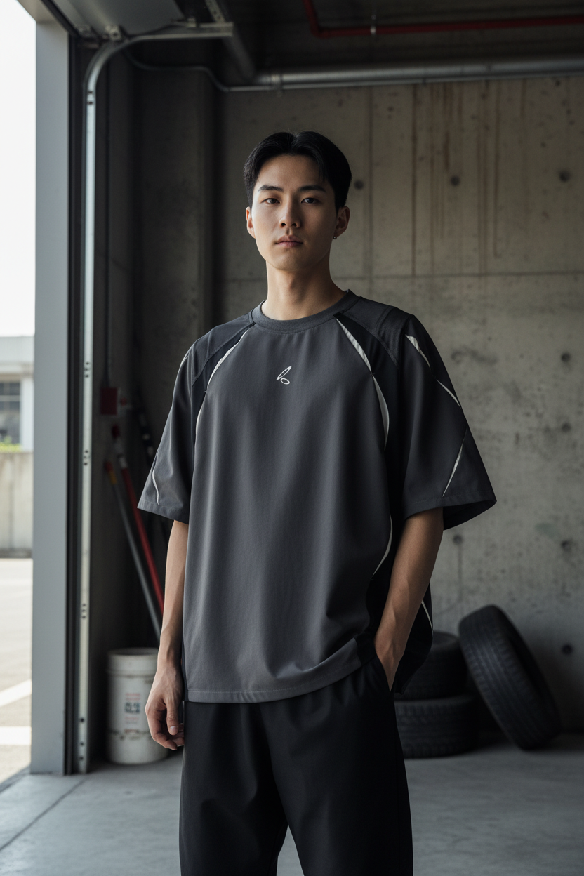 T-shirt RELABAL gris anthracite style sportif avec bandes blanches, porté par un homme, vue de face