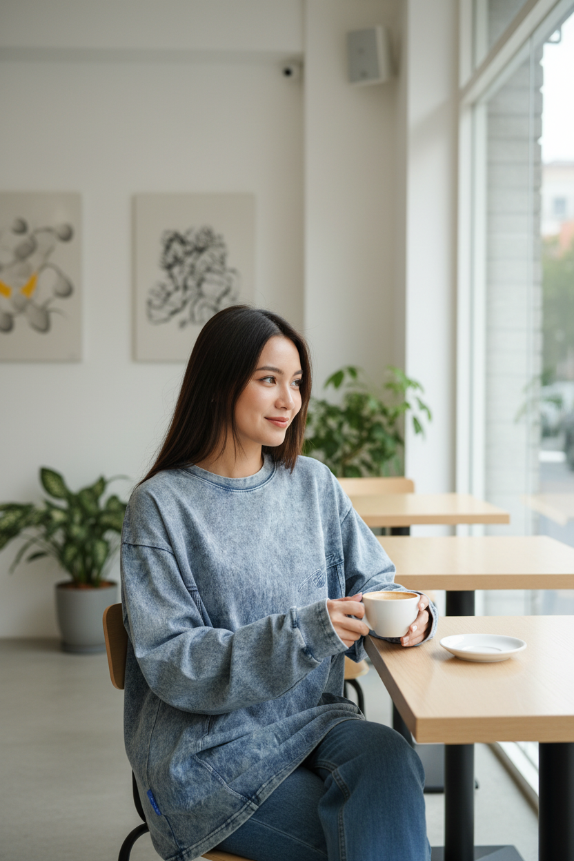 T-shirt bleu délavé à l’acide porté dans un café