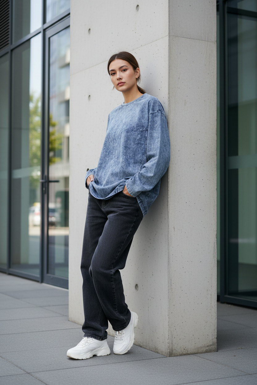 T-shirt bleu délavé à l’acide porté devant un bâtiment