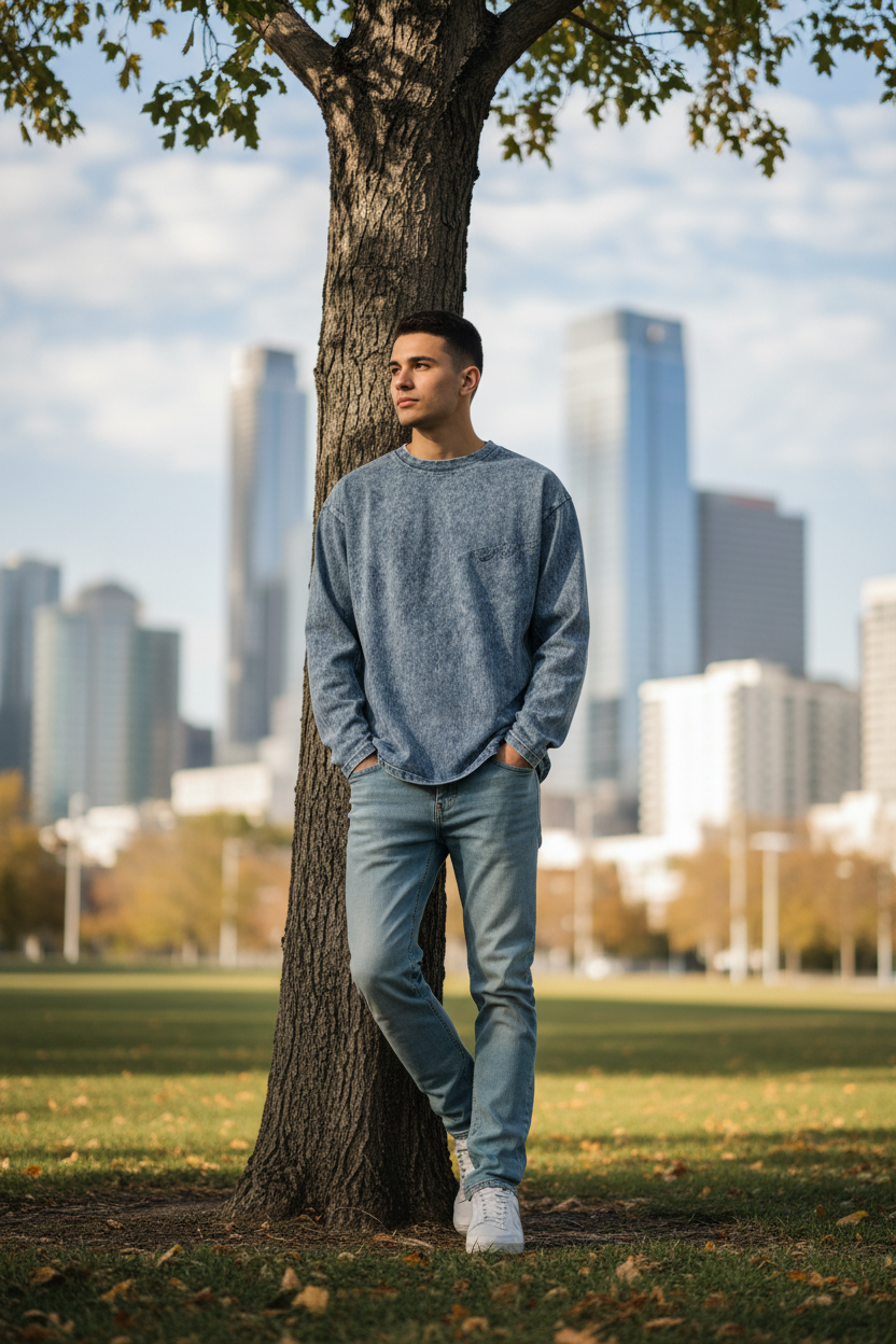 T-shirt bleu délavé à l’acide porté en extérieur dans un parc