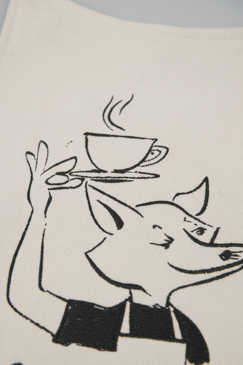 Tablier Cuisine Motif Renard Serveur Sérigraphié Café Kitsuné écru motif noir en coton canvas, vue gros plan motif renard serveur tenant une tasse de café sur fond gris clair sans modèle