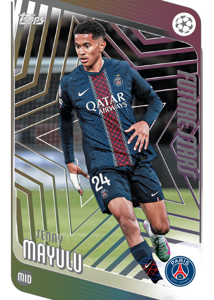 Carte Topps Champions League Senny Mayulu, milieu de terrain du Paris Saint-Germain numéro 24, série Future Stars
