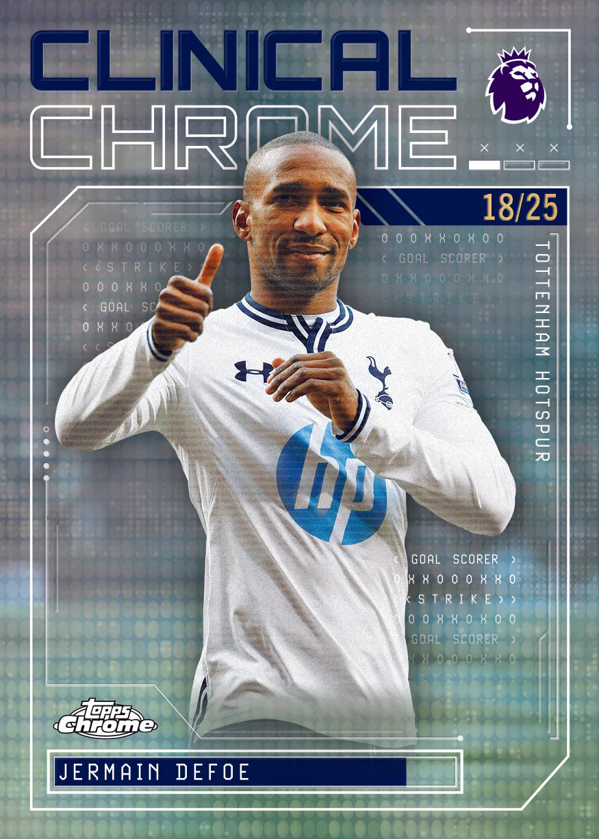 Topps Chrome Premier League Clinical Chrome insert card Jermain Defoe – Tottenham Hotspur maillot blanc Under Armour HP, pouce levé, numbered 18/25
