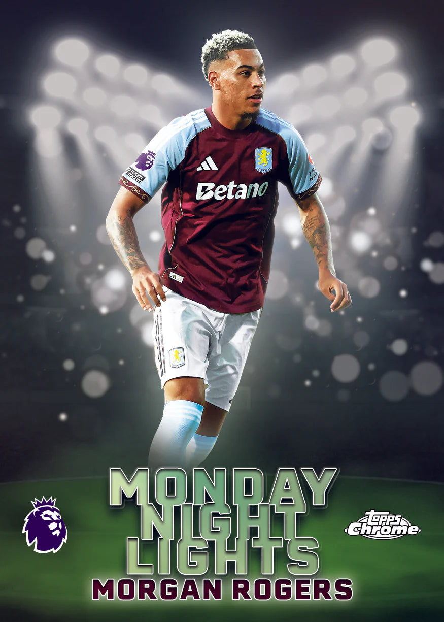 Carte Topps Chrome Premier League Morgan Rogers, Aston Villa, insert spécial Monday Night Lights sous les projecteurs du stade
