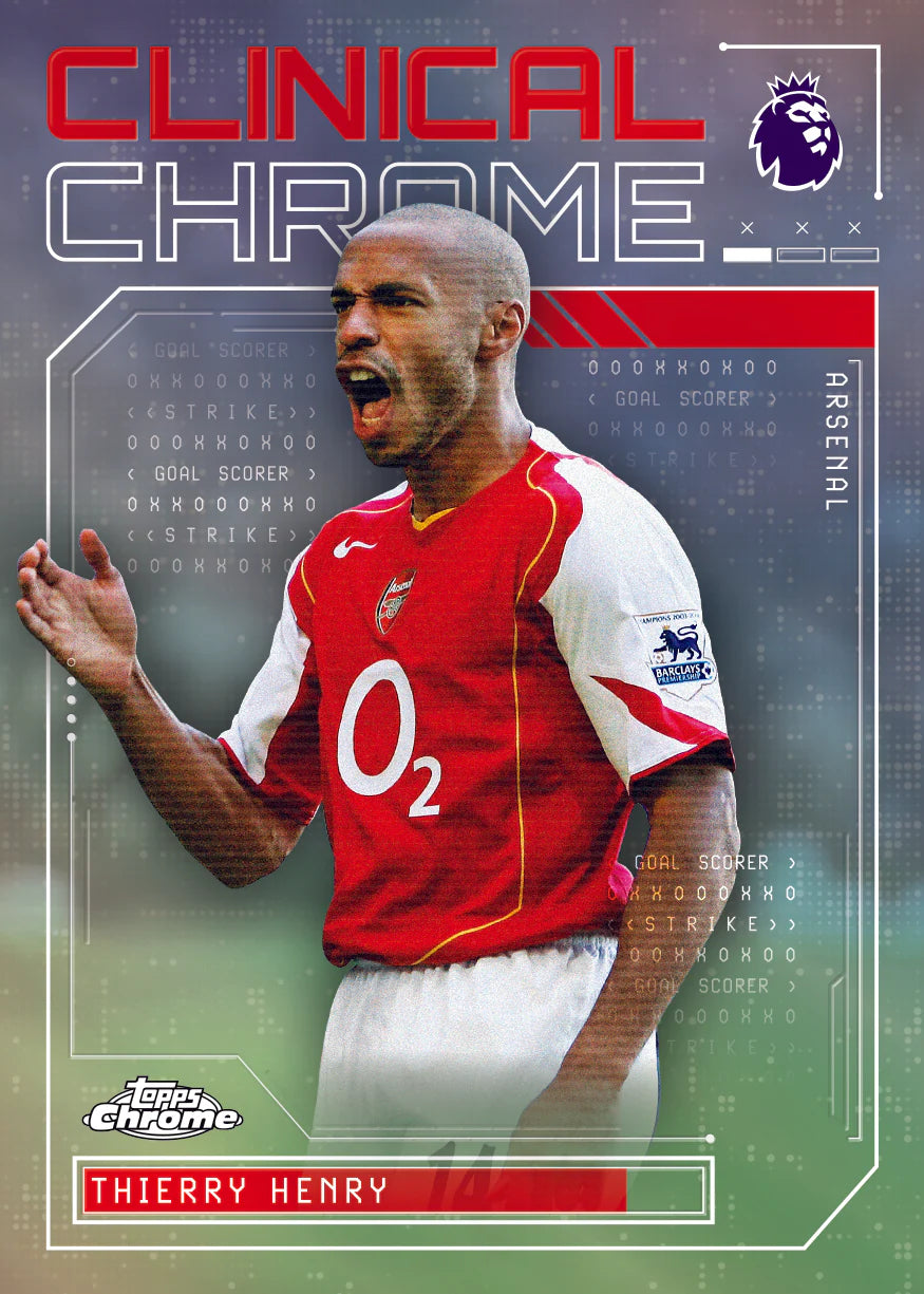 Carte Topps Chrome Premier League Thierry Henry, Arsenal, insert Clinical Chrome, célébration en maillot rouge domicile, fond holographique
