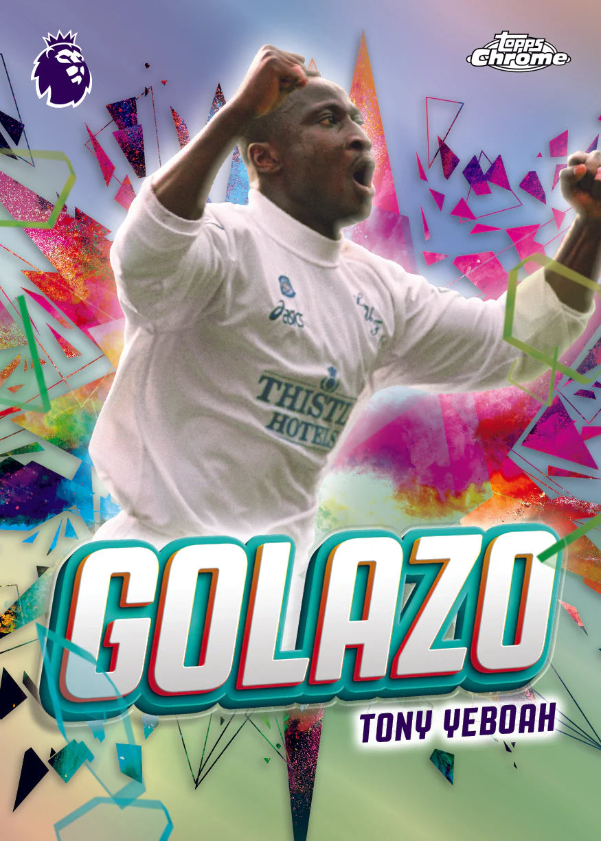 Topps Chrome Premier League Golazo insert card Tony Yeboah – Leeds United maillot blanc Asics Thistle Hotels, célébration poing levé, fond confettis multicolores
