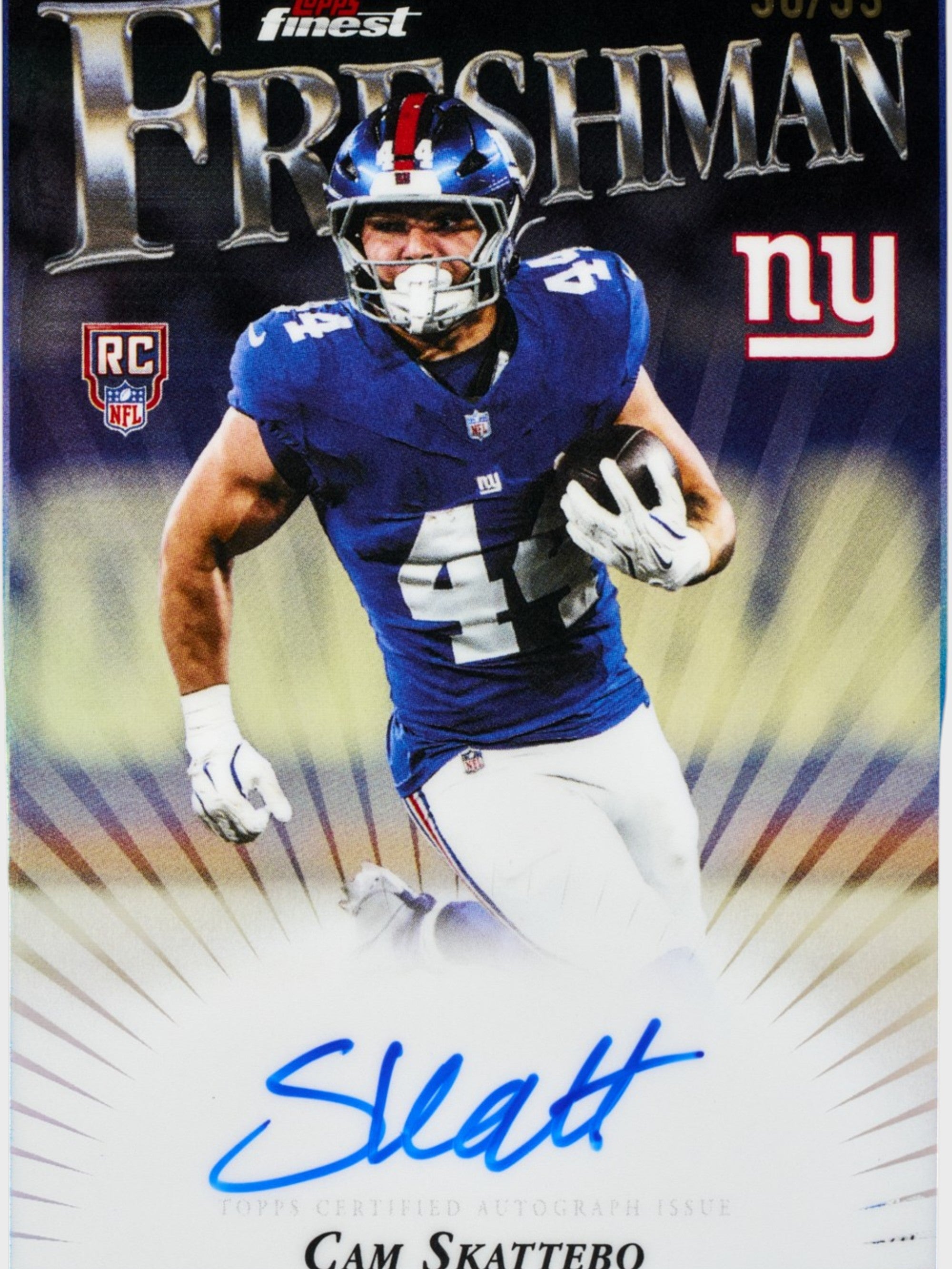 Topps Finest Football 2025 - Carte autographe rookie Cam Skattebo Freshman 30/35, New York Giants, NFL
