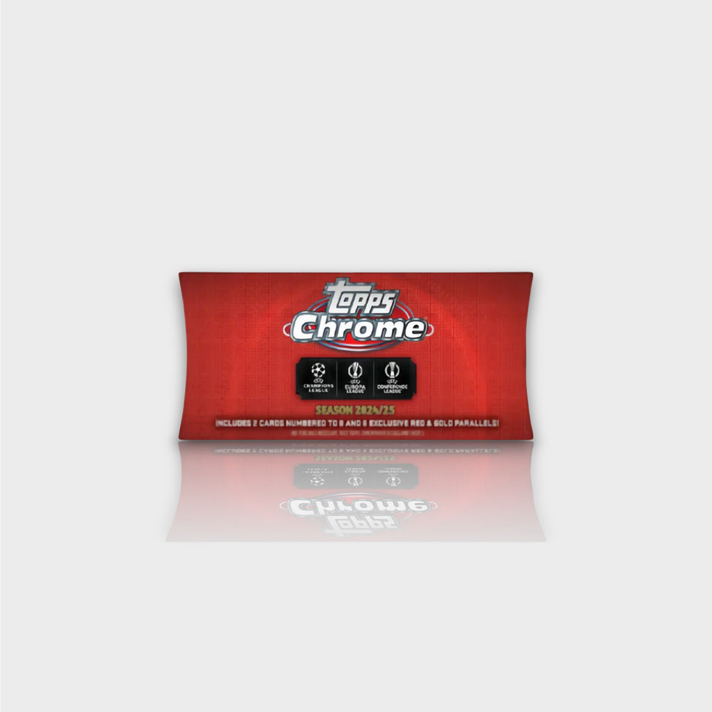 Topps Chrome UEFA Club Competitions 2024-2025 Hongbao Box rouge avec 6 parallèles Hongbao 2 cartes numérotées /8 garanties et autographes Hobby exclusifs édition limitée, vue de face

