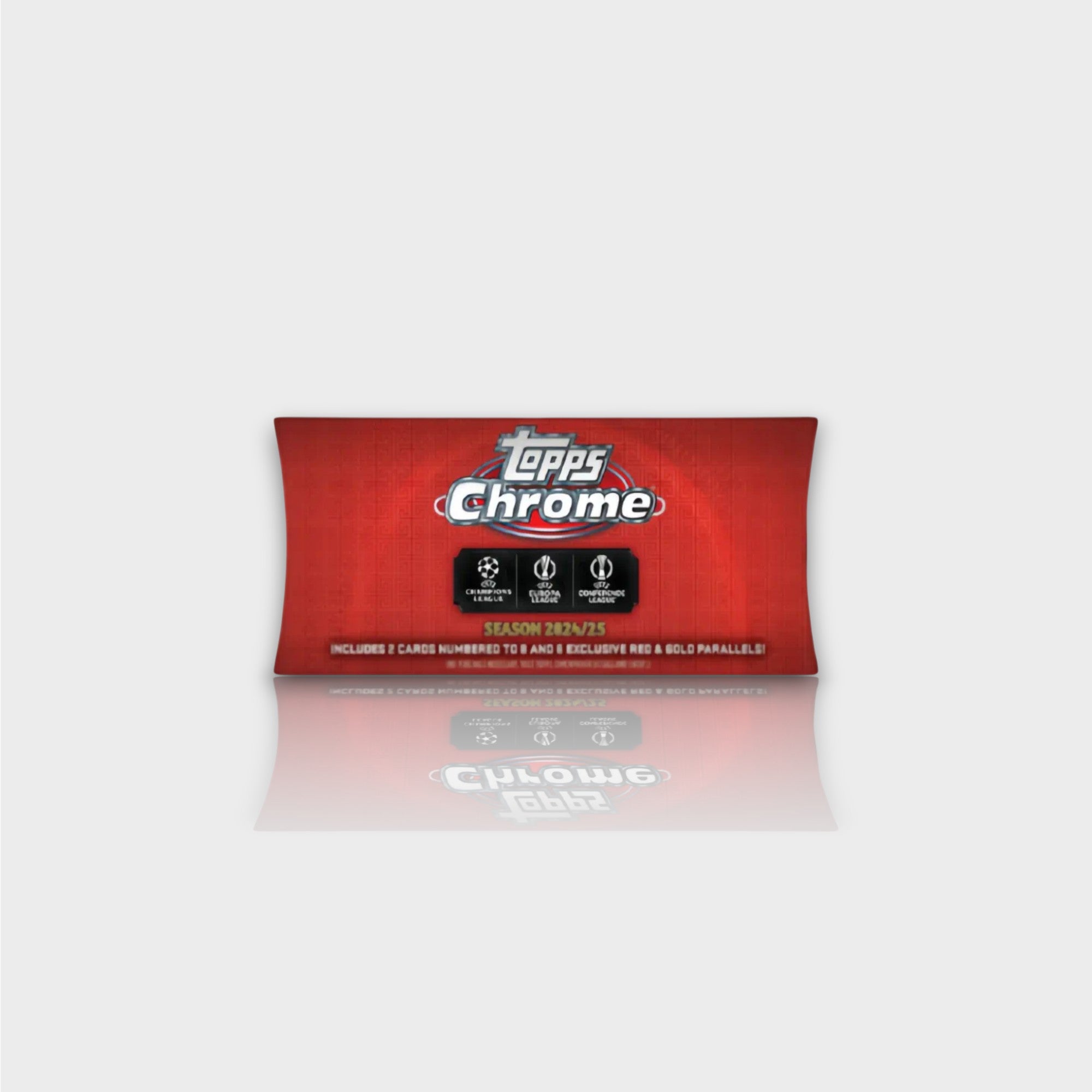 Topps Chrome UEFA Club Competitions 2024-2025 Hongbao Box rouge avec 6 parallèles Hongbao 2 cartes numérotées /8 garanties et autographes Hobby exclusifs édition limitée, vue de face

