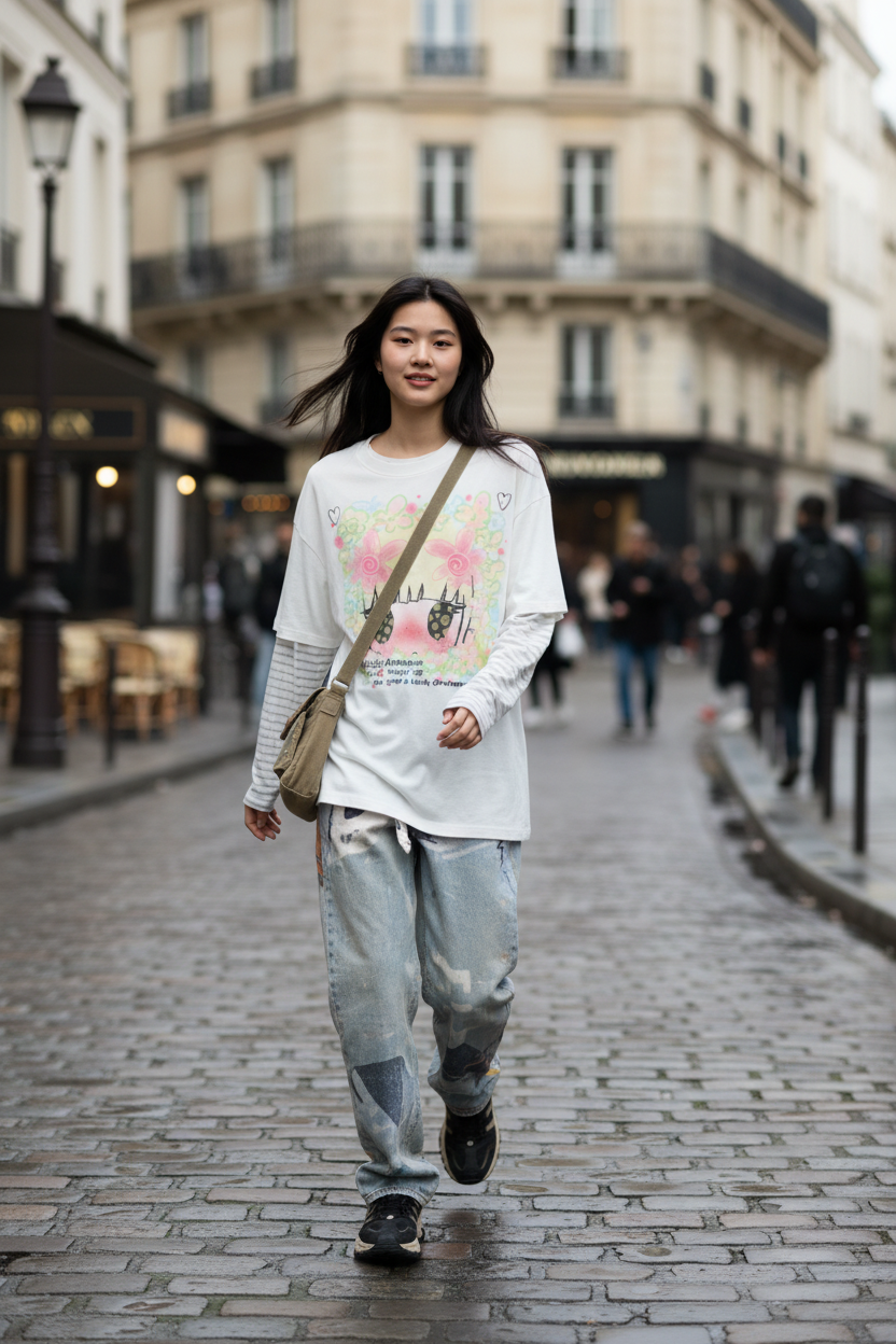 T-shirt eeee Artmonster blanc oversize avec print aquarelle floral pastel, porté par une femme avec jean gris large et sac beige, rue pavée parisienne
