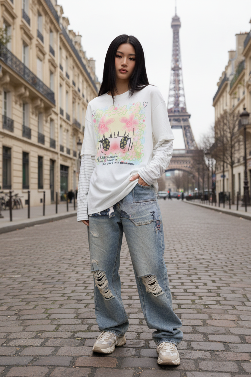 T-shirt eeee Artmonster blanc oversize avec print aquarelle floral pastel, porté par une femme avec jean gris large et sac beige, rue pavée parisienne
