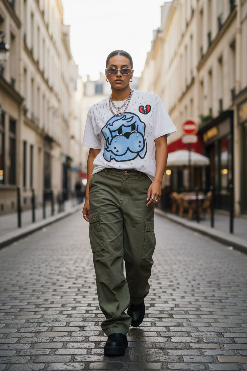 T-shirt eeee Artmonster blanc motif chien bleu en coton, porté par une femme avec pantalon cargo kaki large et boots noires, marchant dans une rue pavée parisienne
