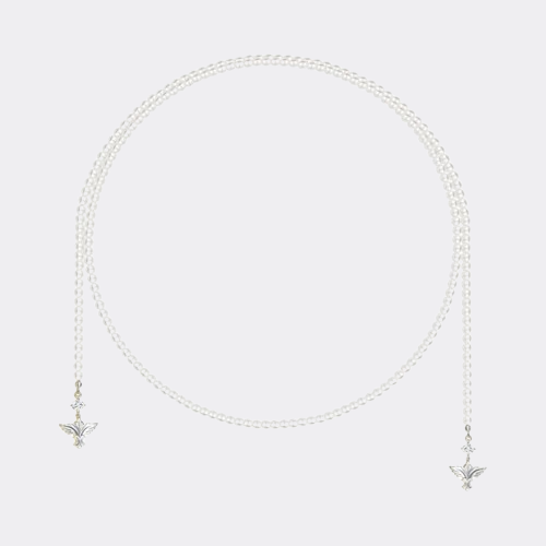 Collier long en perles blanches avec double pendentif argenté poétique