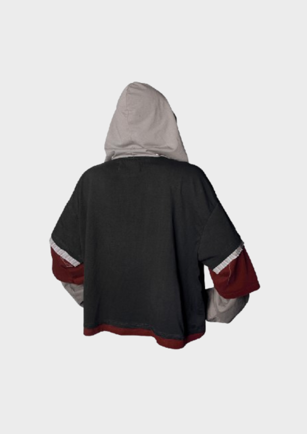 Vue arrière de la veste oversize patchwork à capuche gris et bordeaux