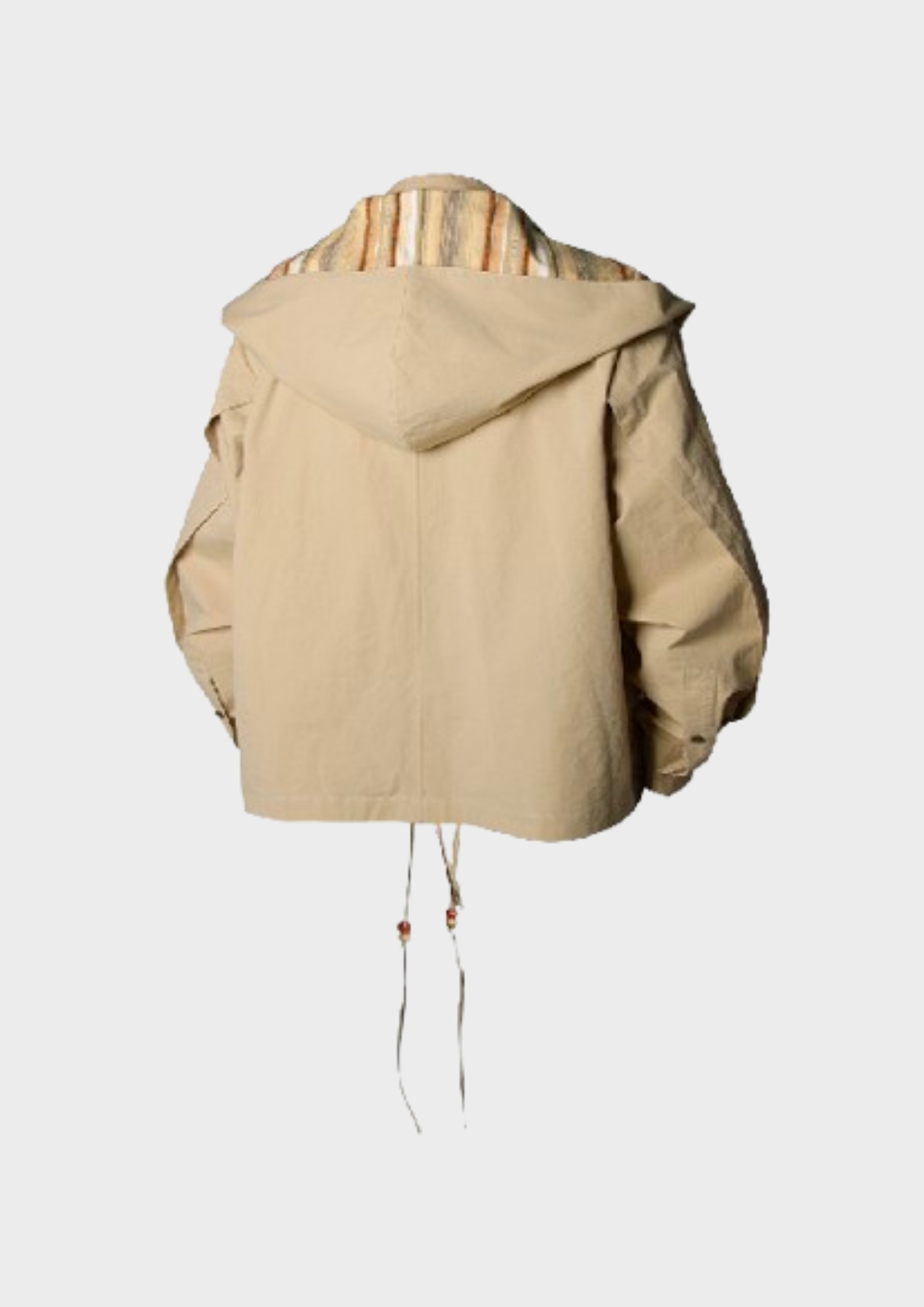 Dos de la veste beige unisexe avec capuche et cape rayée