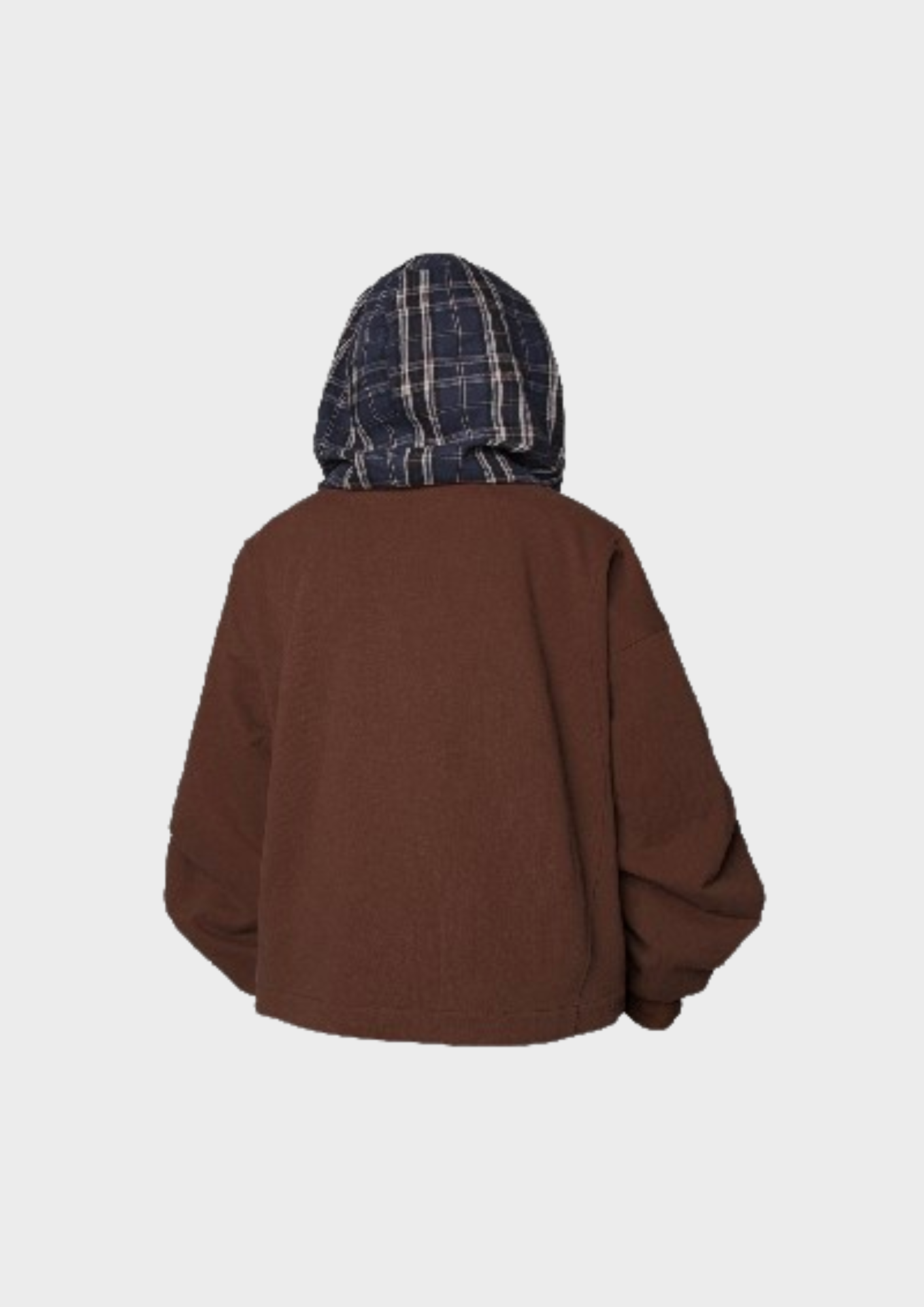 Vue arrière de la veste oversize unisexe caramel avec capuche à carreaux