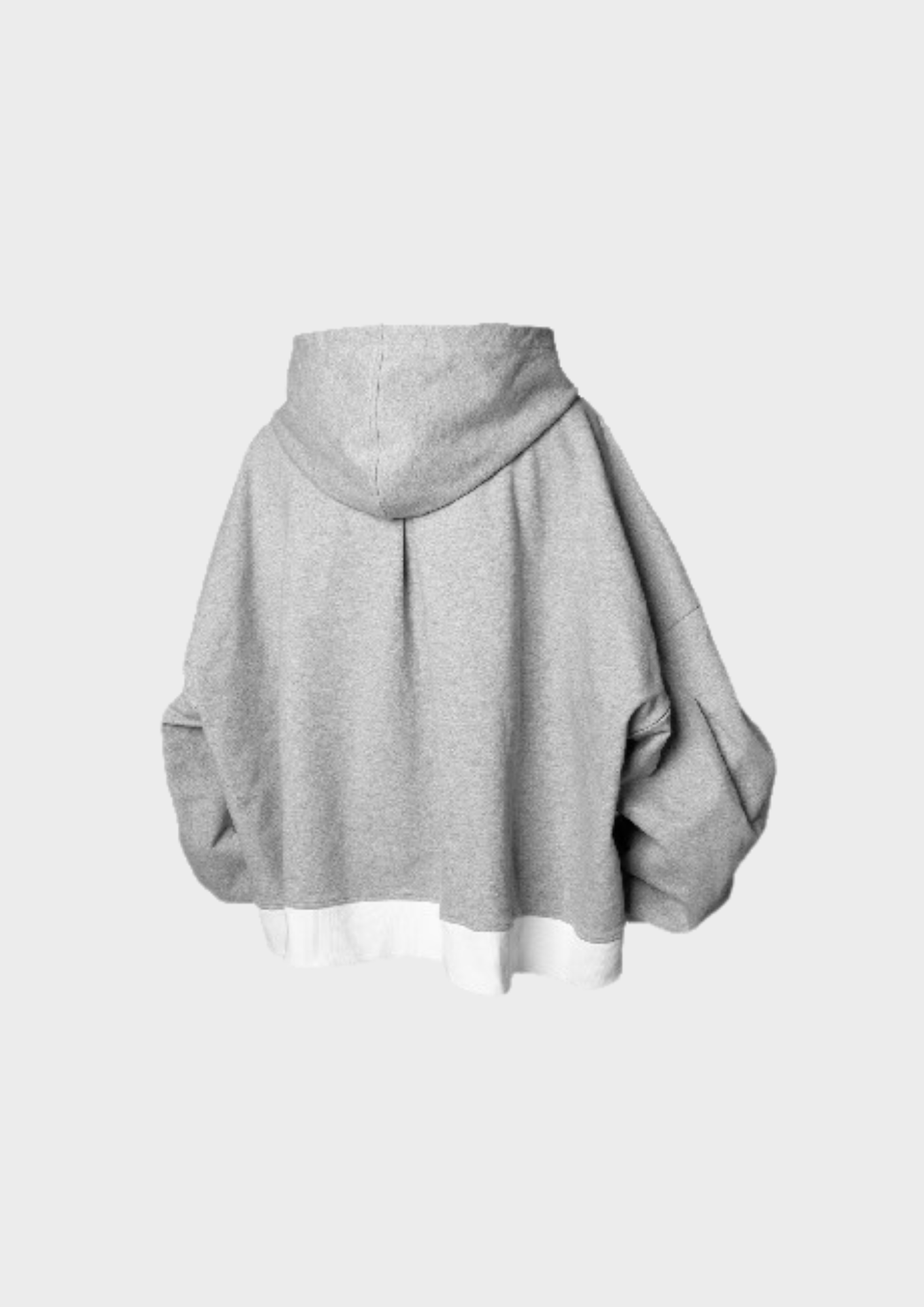 Vue arrière du sweat oversize gris à capuche unisexe avec ourlet blanc