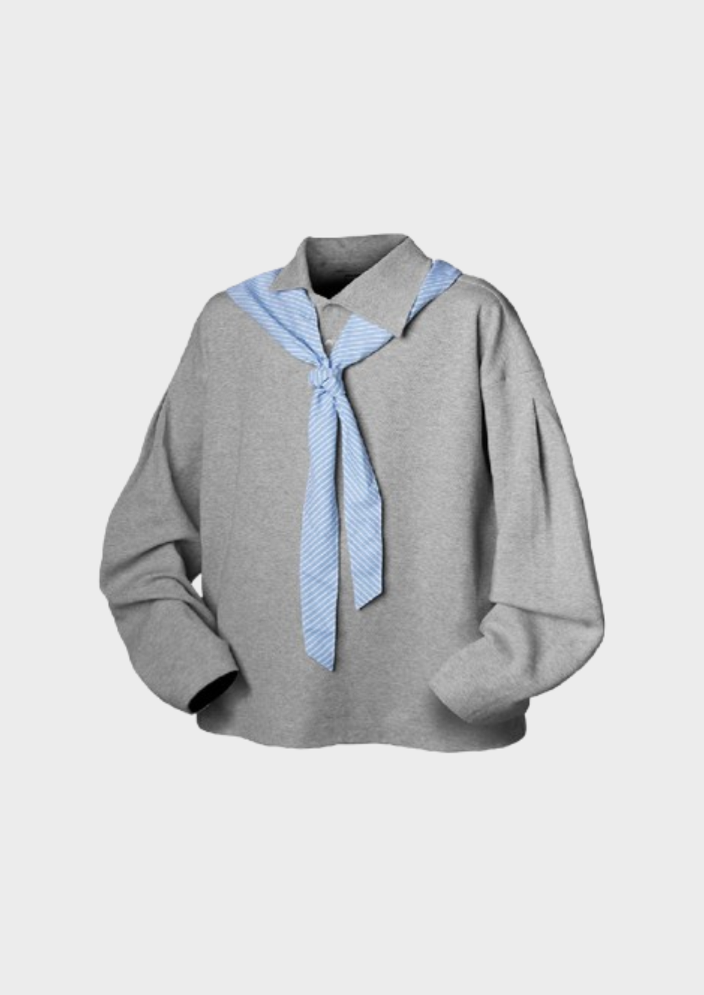 Pull oversize gris avec col foulard rayé bleu clair effet faux layering