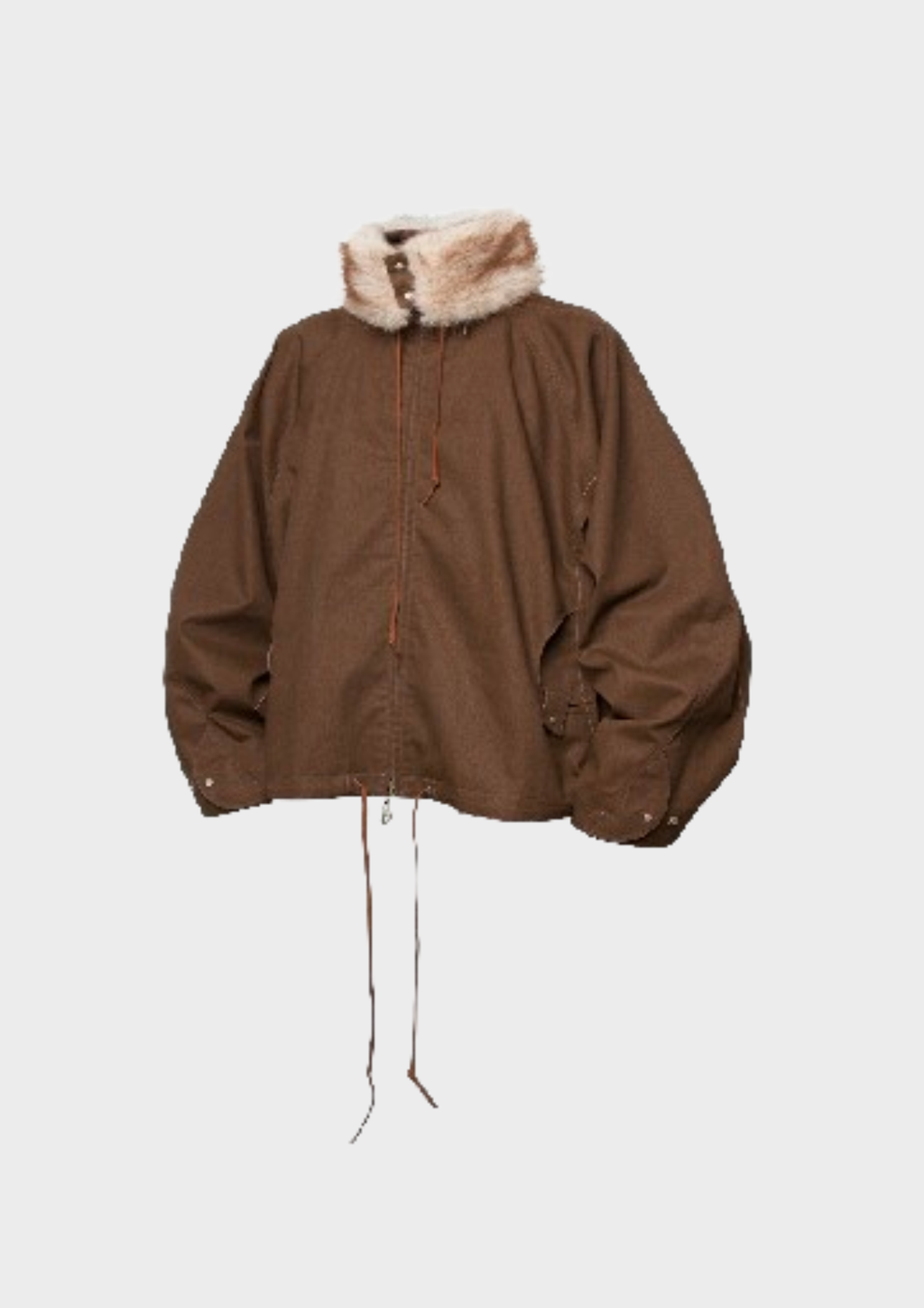 Haut Unisexe Brun à Col Fourrure Synthétique et Cordons – Coupe Oversize