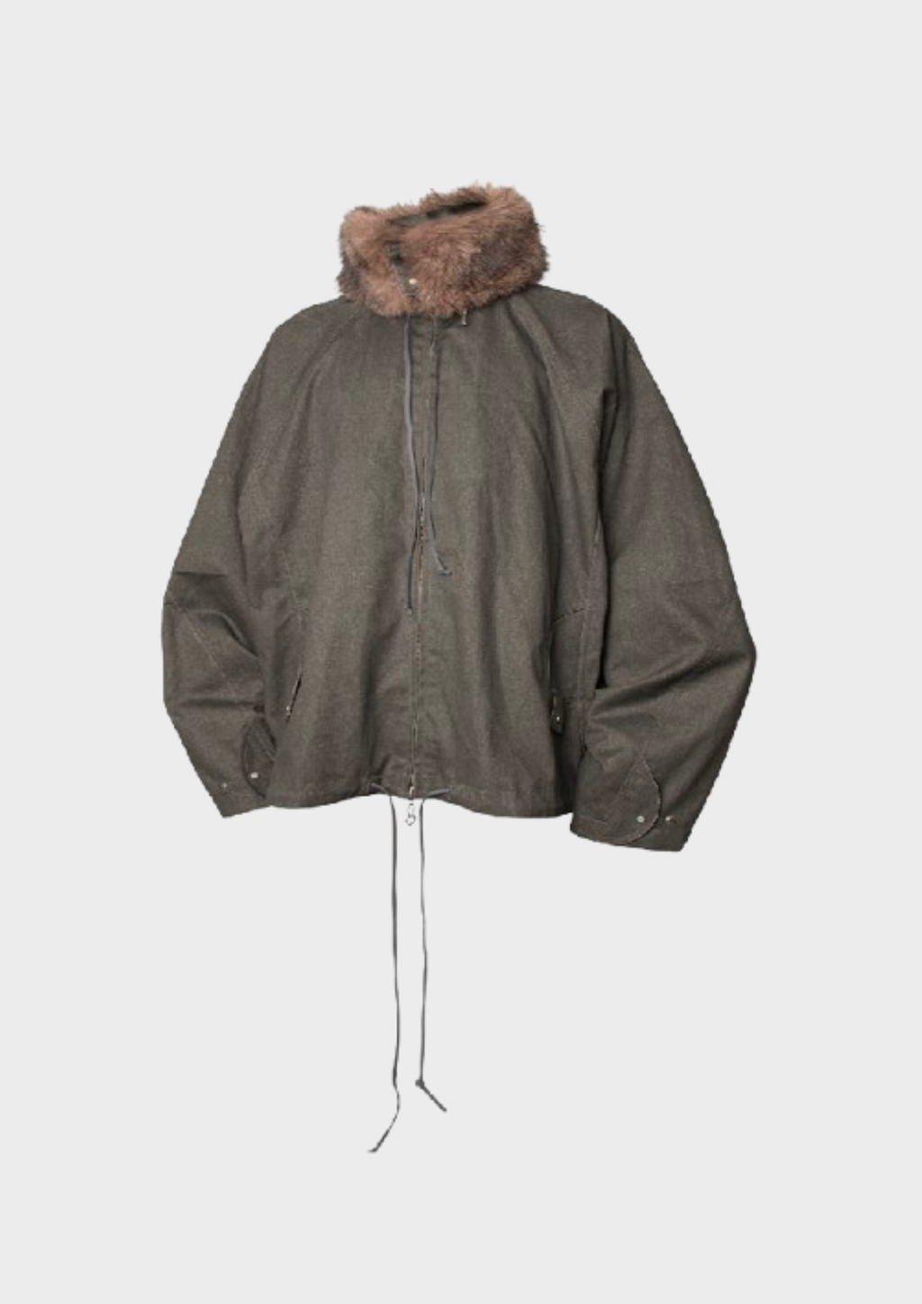 Haut oversize vert militaire unisexe avec col en fausse fourrure et cordons ajustables