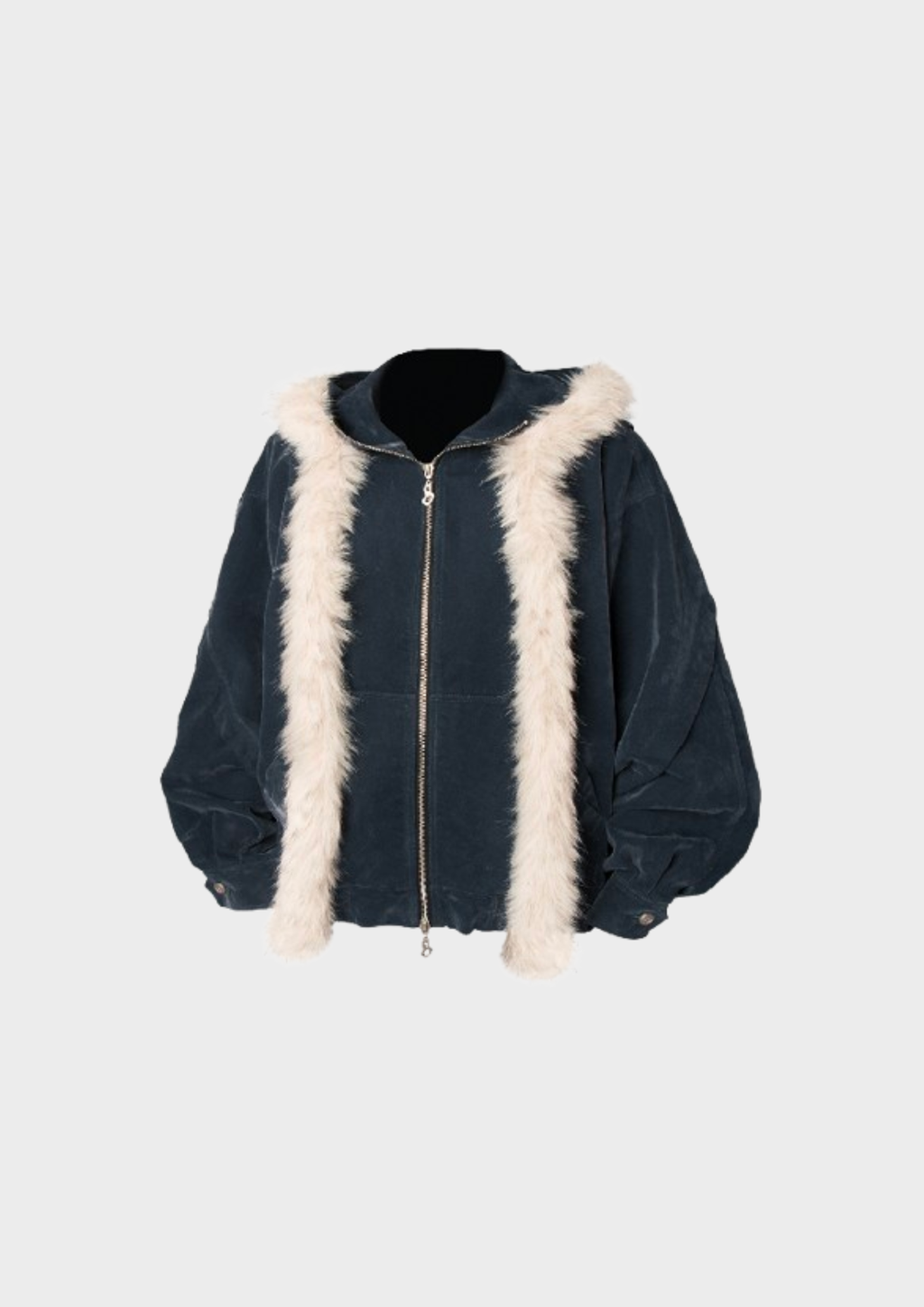 Veste oversize bleu nuit unisexe avec bandes verticales en fausse fourrure et fermeture zippée