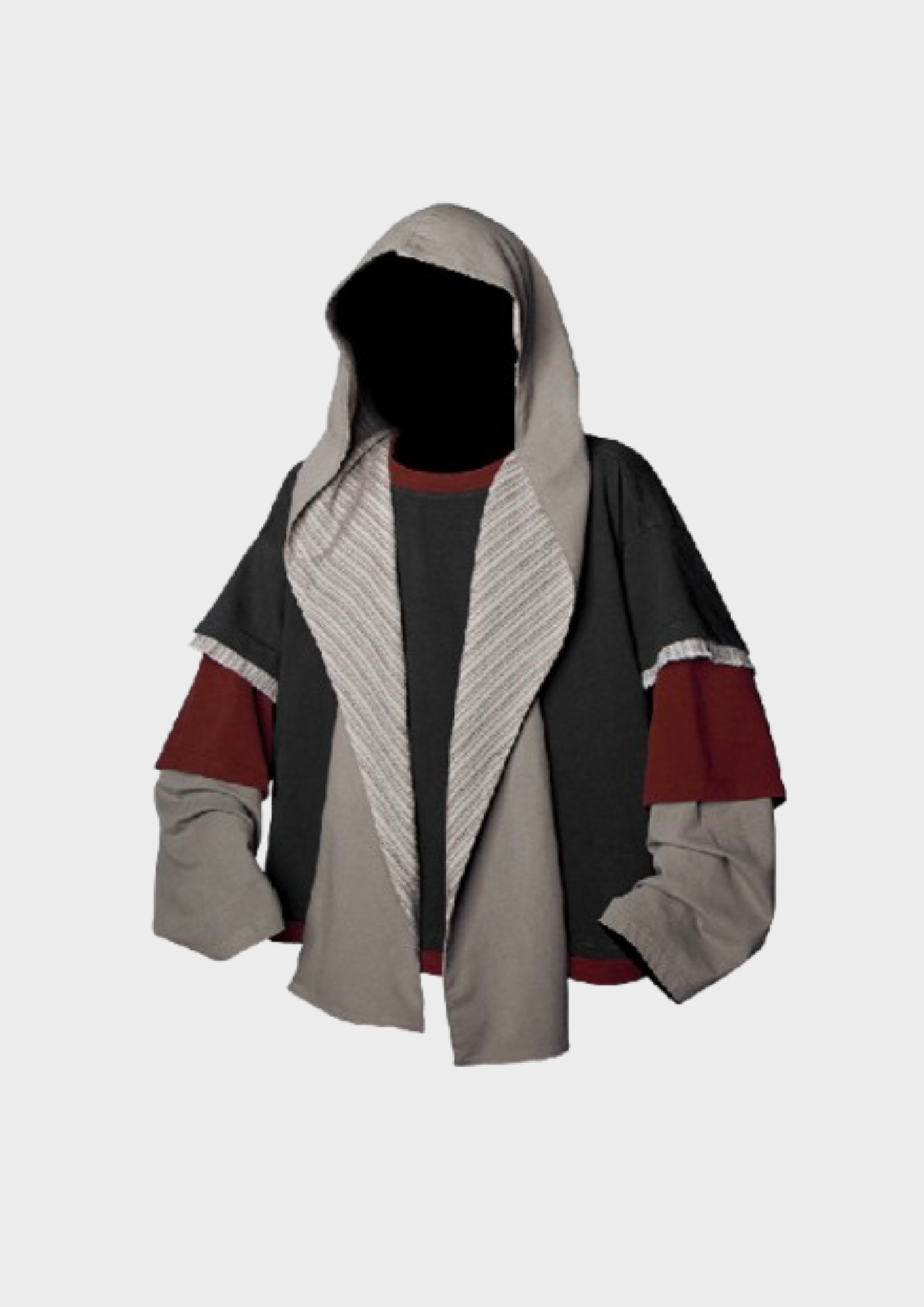 Veste oversize patchwork gris noir bordeaux à capuche effet superposé