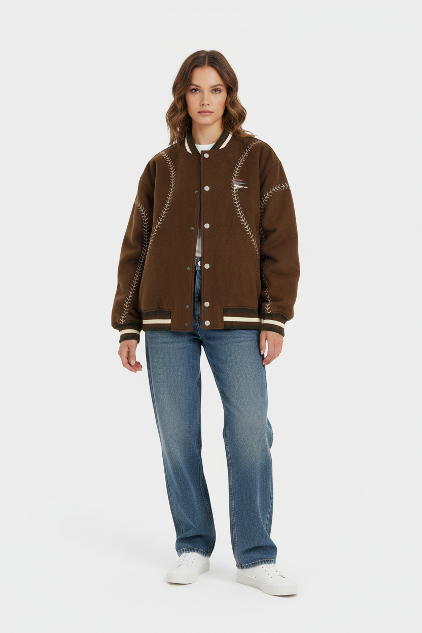 Veste bomber varsity BJHG marron avec broderies surpiqûres crème et liserés blancs, portée par une femme avec jean bleu, fond blanc
