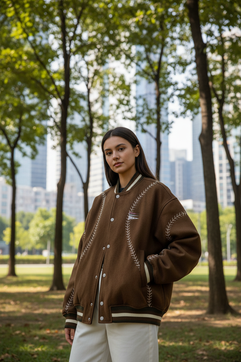 Veste bomber varsity BJHG marron avec broderies surpiqûres crème et liserés blancs, portée par une femme dans un parc urbain
