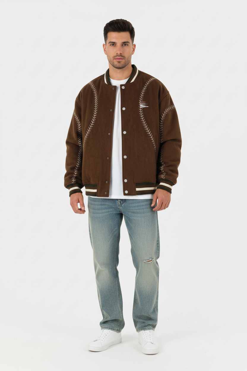 Veste bomber varsity BJHG marron avec broderies surpiqûres crème et liserés blancs, portée par un homme avec jean délavé, fond blanc
