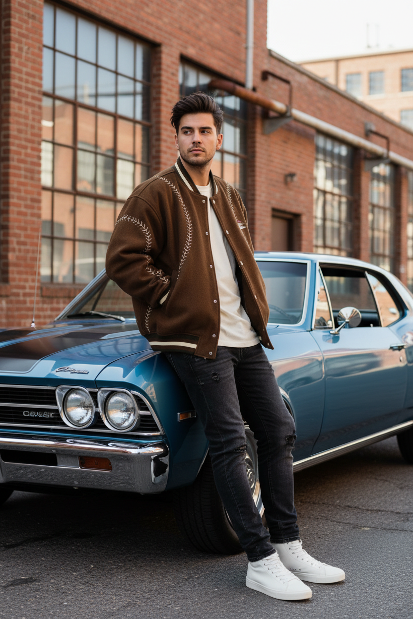 Veste bomber varsity BJHG marron avec broderies surpiqûres crème, portée par un homme appuyé sur une voiture vintage bleue
