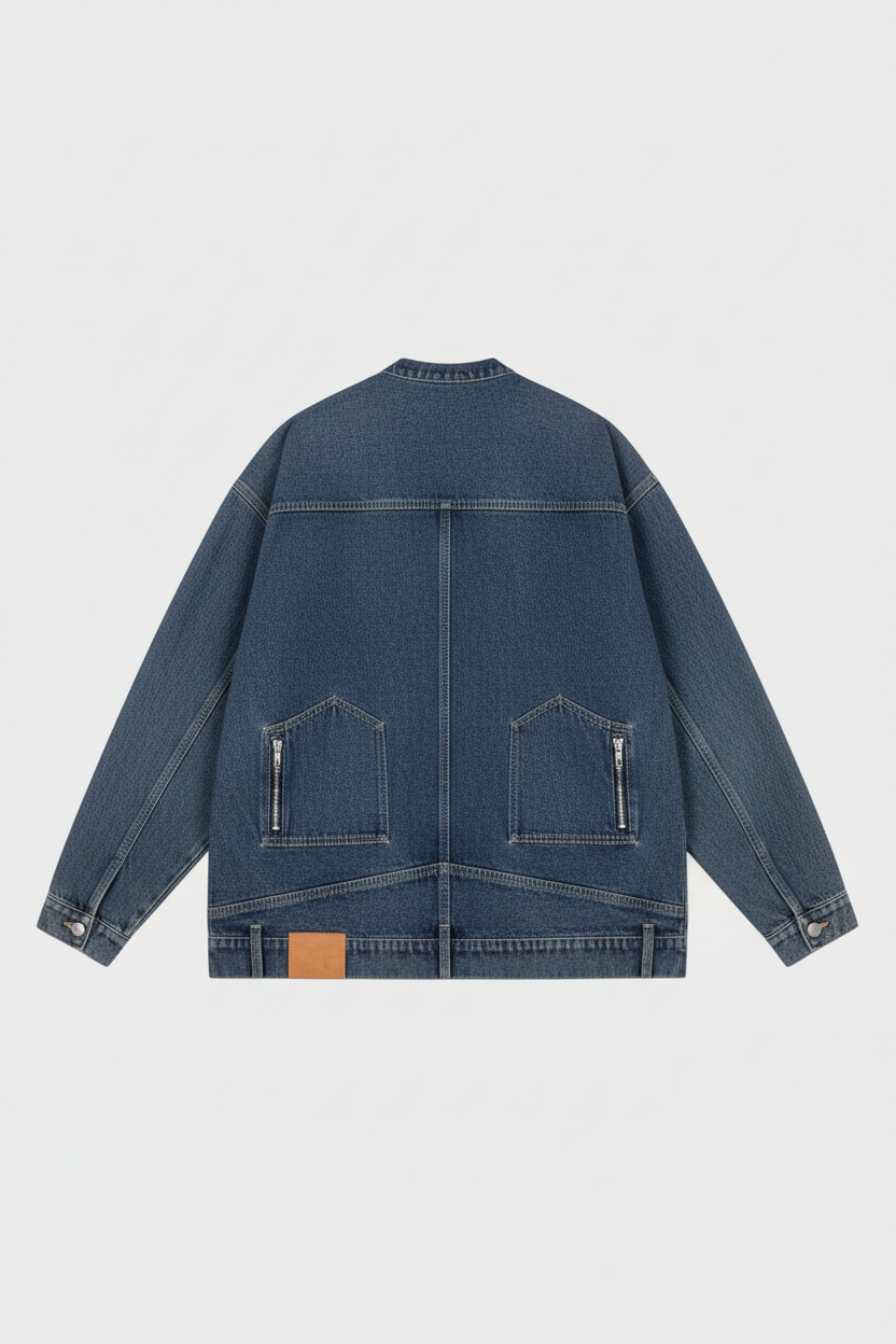 Veste en denim BJHG bleu délavé avec poches zippées et patch cuir camel, vue de dos sur fond gris
