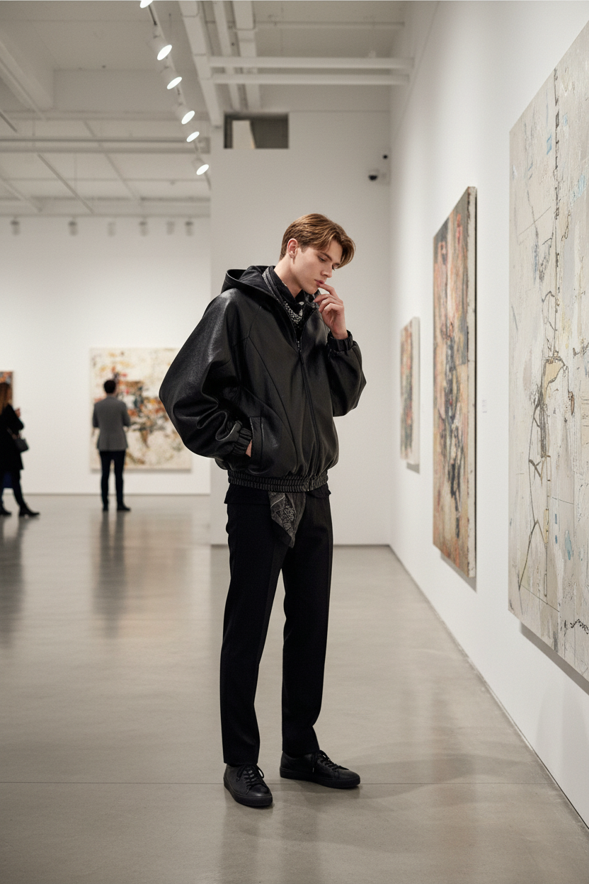 Veste BJHG noir en cuir oversize à capuche, portée par un homme, photo lifestyle dans une galerie d'art
